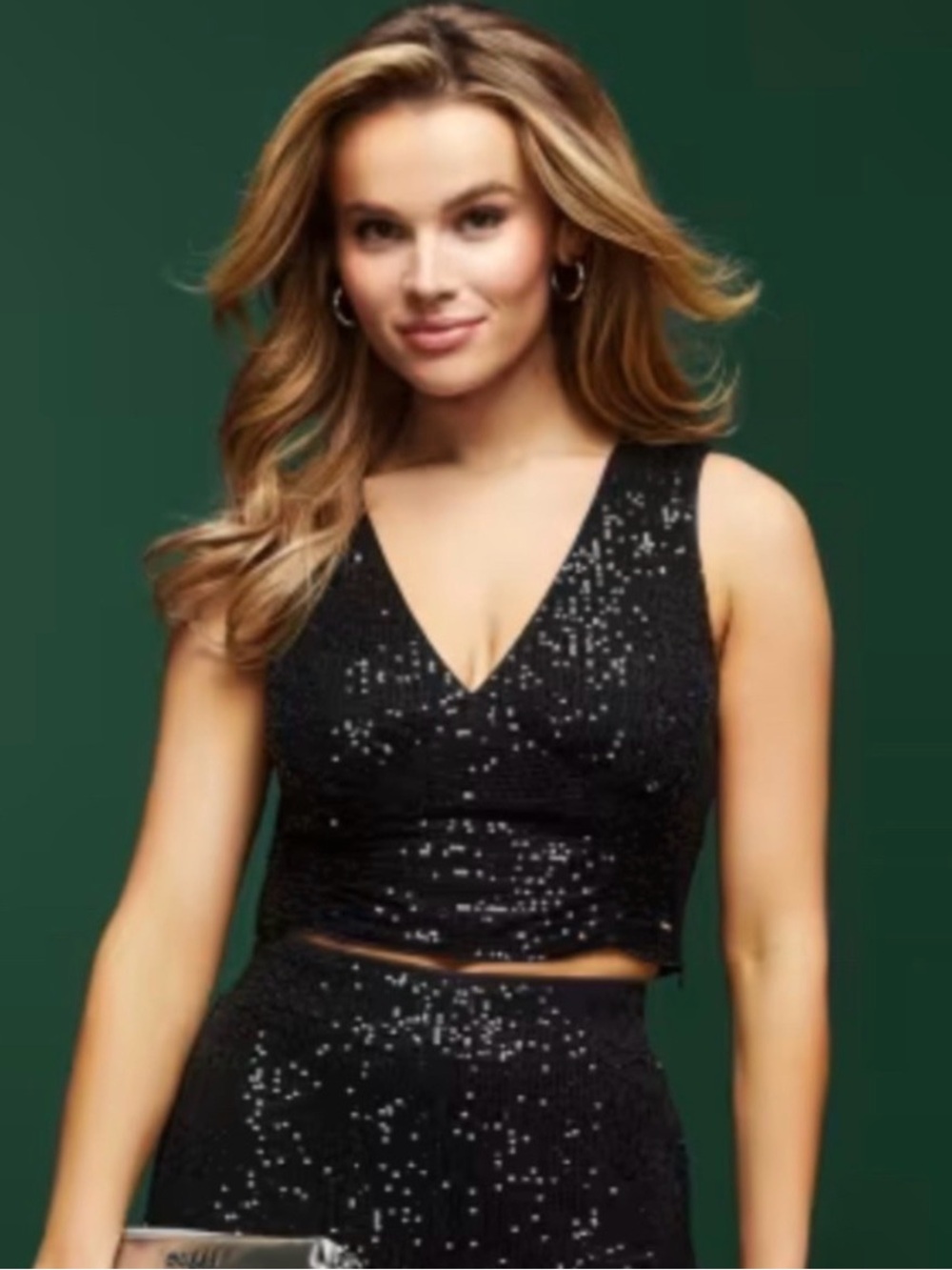 GUESS XL Black Sequin Crop Top Glam Party Clubwear V-Neck Sleeveless NYE Y2K